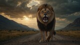 Epic scene with roaring lion