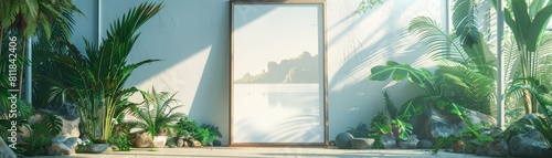 A white frame with a picture of a beach and palm trees