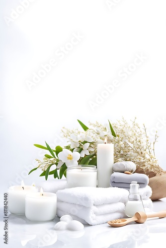  Spa background towel bathroom white luxury concept massage candle bath. Bathroom white wellness spa background towel relax aromatherapy flower accessory Zen therapy aroma beauty setting table salt oi