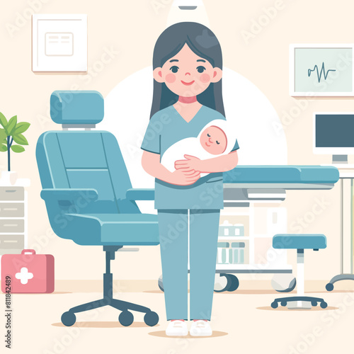 cartoon of a midwife with a baby celebrating national midwife day