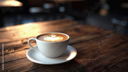 Picture shows a coffee and saucer in dark background. The table is made of wood.