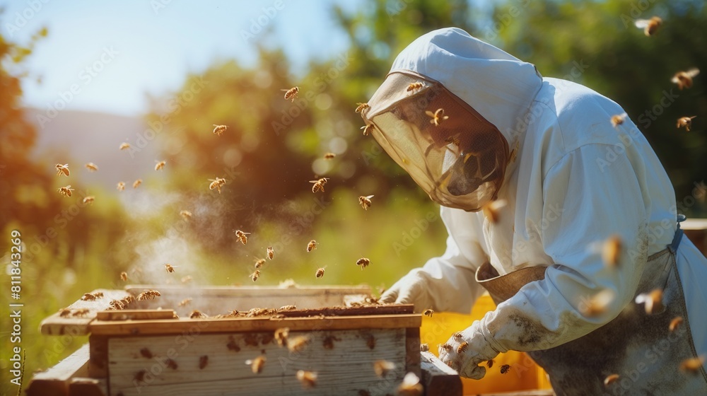 Beekeeper is working with bees in apiary. Beekeeping concept. Rural and natural beekeeper, working to collect honey from hives with honey bees. Beekeeping concept, self-consumption. Beekeeper is working with bees in apiary. Beekeeping concept. Rural and natural beekeeper, working to collect honey from hives with honey bees. Beekeeping concept, self-consumption.
