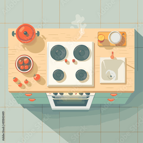 Illustration of Kitchen from Top View with Cooking Process Items.