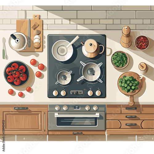 Illustration of Kitchen from Top View with Cooking Process Items. Vegetables in the Kitchen
