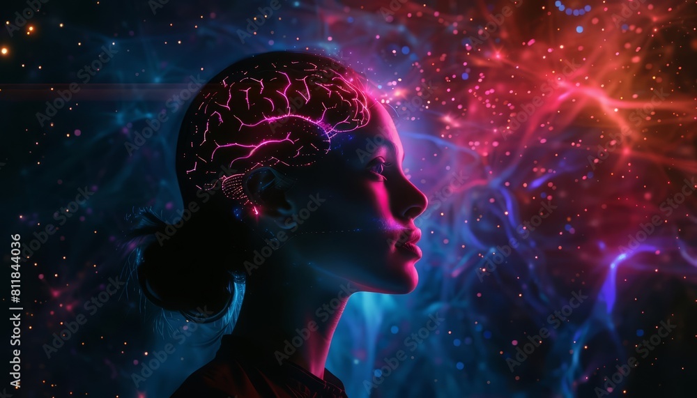 Cinematic artificial intelligence is visualized in a profile of a woman with a glowing brain illustration, sharpen banner template with copy space on center Cinematic artificial intelligence is visualized in a profile of a woman with a glowing brain illustration, sharpen banner template with copy space on center