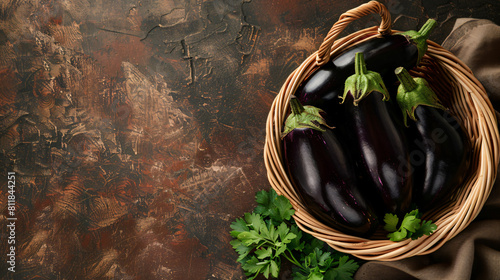 Basket with fresh eggplants on brown background photo