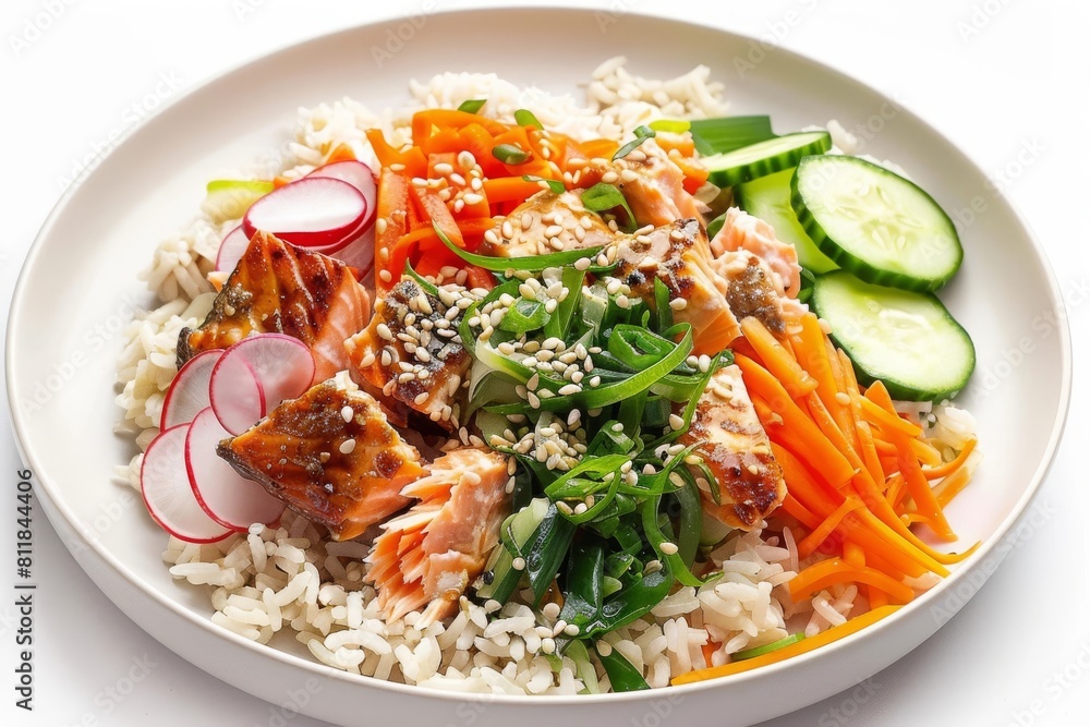 Vibrant 20-Minute Salmon and Rice Bowl with Julienned Carrots and Cucumbers Vibrant 20-Minute Salmon and Rice Bowl with Julienned Carrots and Cucumbers