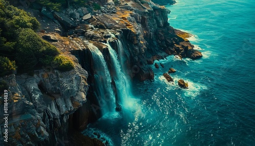 An aerial shot of a waterfall dropping into the sea, where the freshwater meets the oceans tides along a rocky coast