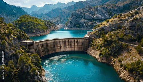 An aerial view of a hydroelectric dam  showing the massive infrastructure used to generate renewable energy from water