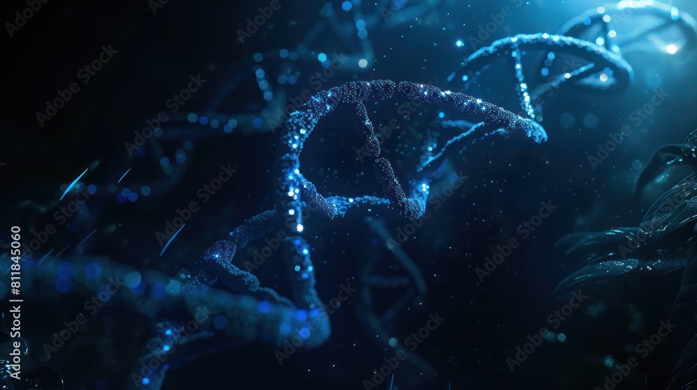 3D render of a double helix DNA structure on a dark blue background, in the style of an abstract scientific illustration. The double helix DNA strand is rendered in a minimalist, almost wireframe styl 3D render of a double helix DNA structure on a dark blue background, in the style of an abstract scientific illustration. The double helix DNA strand is rendered in a minimalist, almost wireframe styl