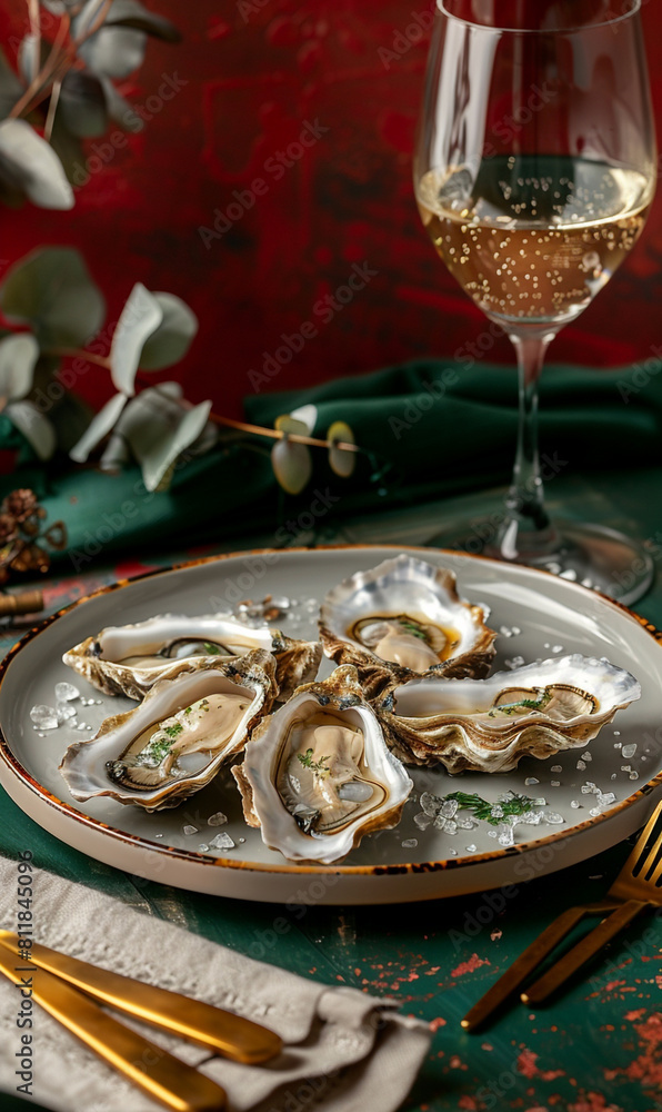 Plate of Oysters With Glass of Wine Plate of Oysters With Glass of Wine