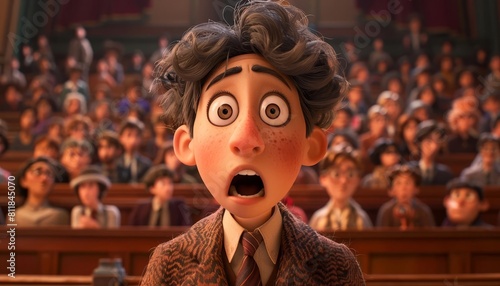An animated character with its clothes on backwards and inside out, looking bewildered in front of a crowd