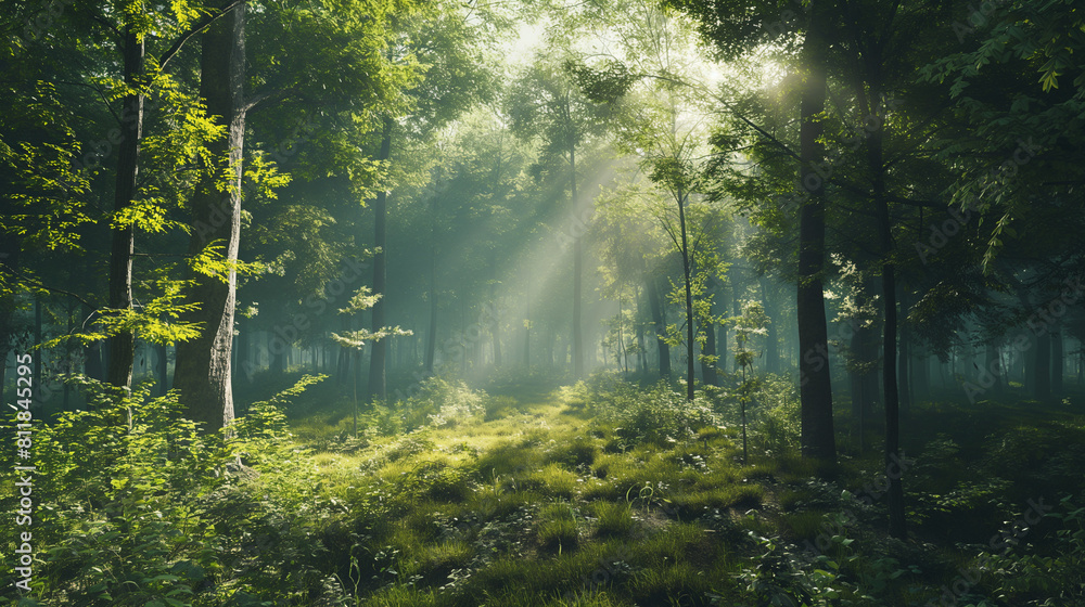Fototapeta premium Sunlight filtering through a dense forest, ethereal rays illuminating the morning mist