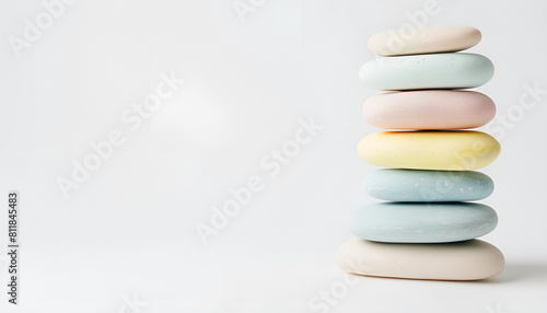 Stack of zen stones pastel colors on white background with empty copy space