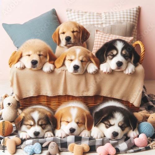 Many puppies in a basket art attractive harmony used for printing card design illustrator.