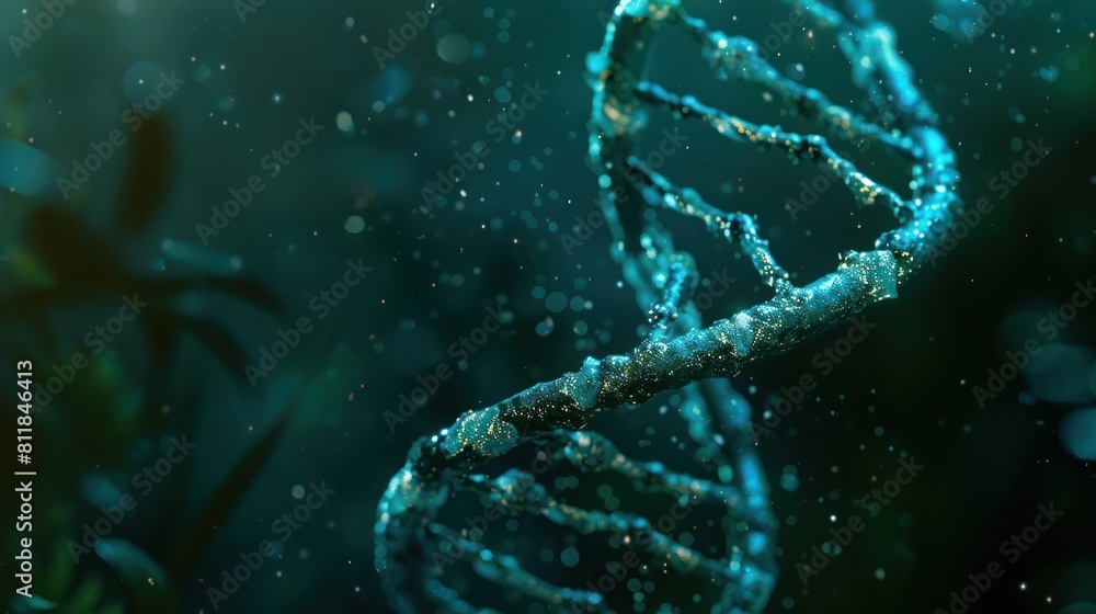 A DNA double helix floating in the air, with blue and teal color tones. A DNA double helix floating in the air, with blue and teal color tones.