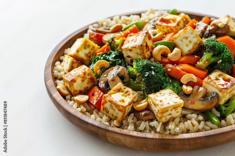 Satisfying Tofu and Vegetable Stir-Fry with Brown Rice and Rustic Presentation Satisfying Tofu and Vegetable Stir-Fry with Brown Rice and Rustic Presentation
