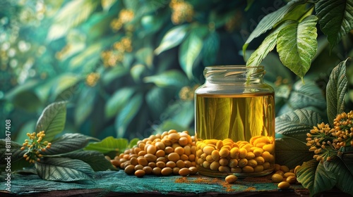 a jar of soy oil sitting on top of a table next to a pile of soy with green leaves in the background