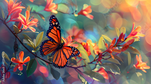 Beautiful butterfly and flower on color background © Jafger