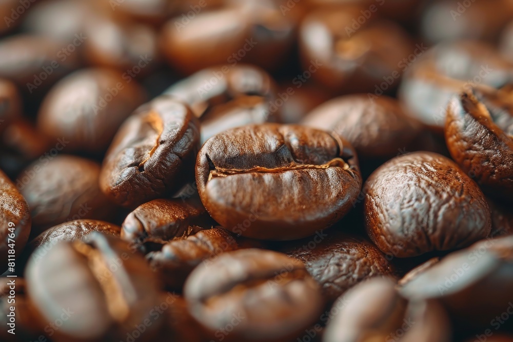 This macro photograph captures the rich texture and aroma of roasted coffee beans, highlighting their glossy surface This macro photograph captures the rich texture and aroma of roasted coffee beans, highlighting their glossy surface