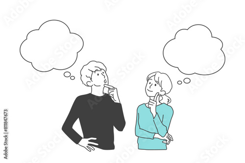 一緒に考える若い男女、カップル、夫婦のイメージイラスト