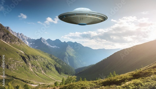 an alien landscape with mountains an ufo that floats in the air