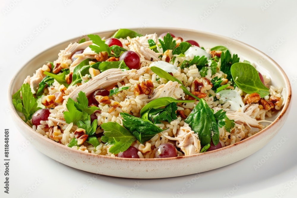 Elegant Bowl of Chicken, Rice, and Grape Salad with Toasted Walnuts Elegant Bowl of Chicken, Rice, and Grape Salad with Toasted Walnuts