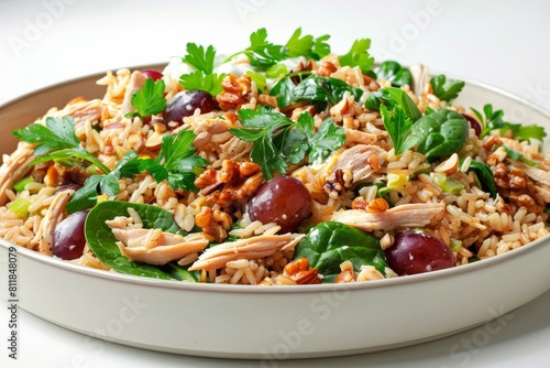 Elegant Bowl of Chicken, Rice, and Grape Salad with Toasted Walnuts