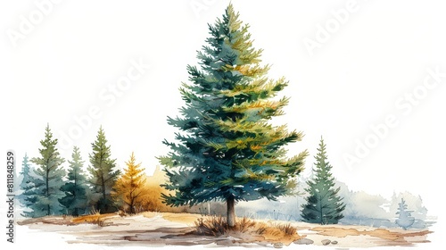 Illustration of green fir trees on a white background © Katerina 