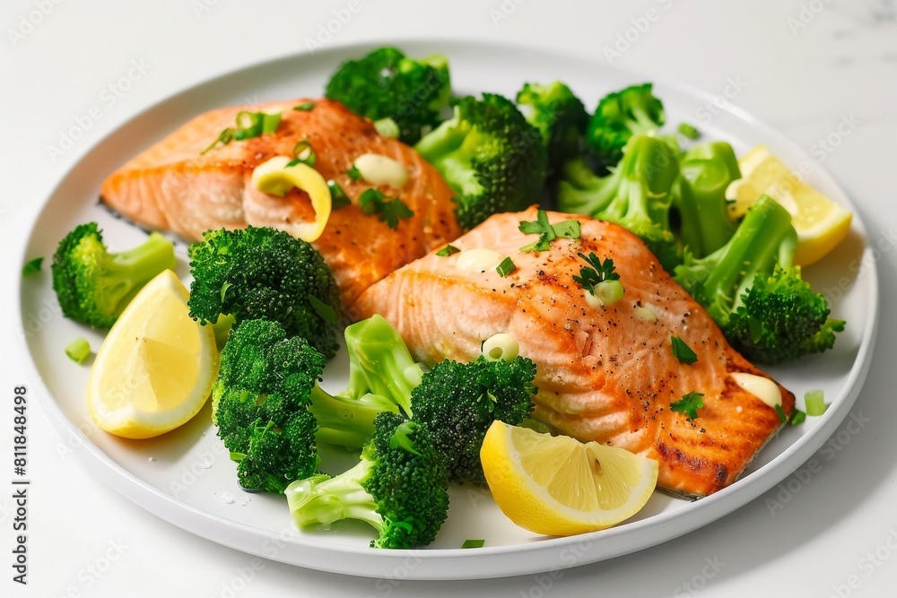 Vibrant Broiled Salmon and Broccoli with Fresh Lemon Wedges Vibrant Broiled Salmon and Broccoli with Fresh Lemon Wedges
