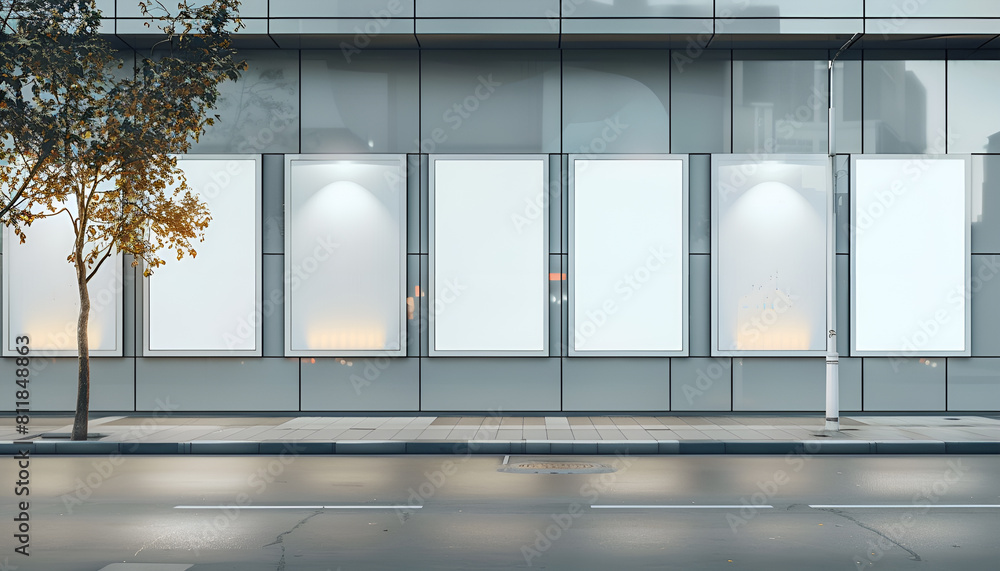 Fototapeta premium Row of empty billboards on the facade of a modern building, mockup concept, set on a city street backdrop