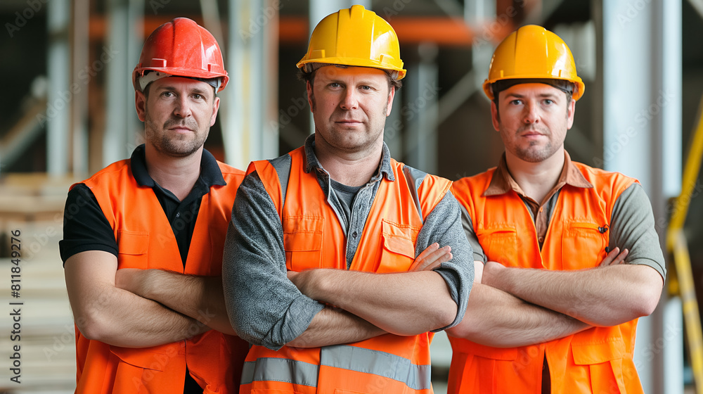 Three male construction workers in orange safety vests and yellow ...
