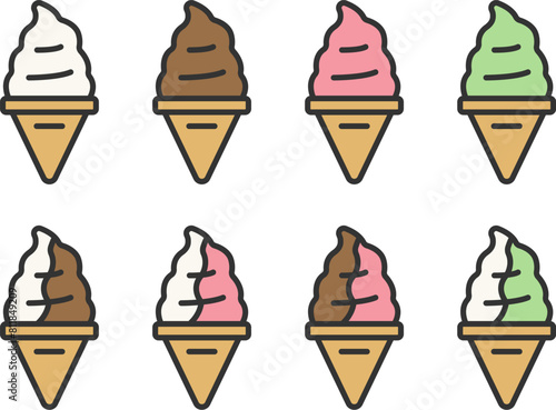 色んな味の、ソフトクリームのアイコン（線画カラー）のイラスト