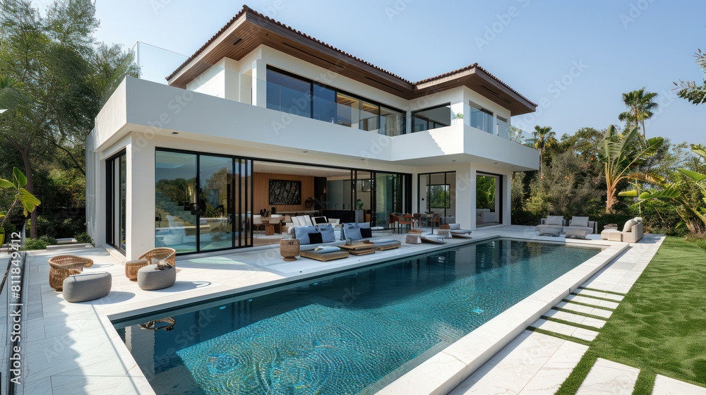 A wide-angle shot of the backyard and pool area, glass windows on all sides with outdoor furniture, white stucco walls, modern design, roof with a balcony, grassy lawn