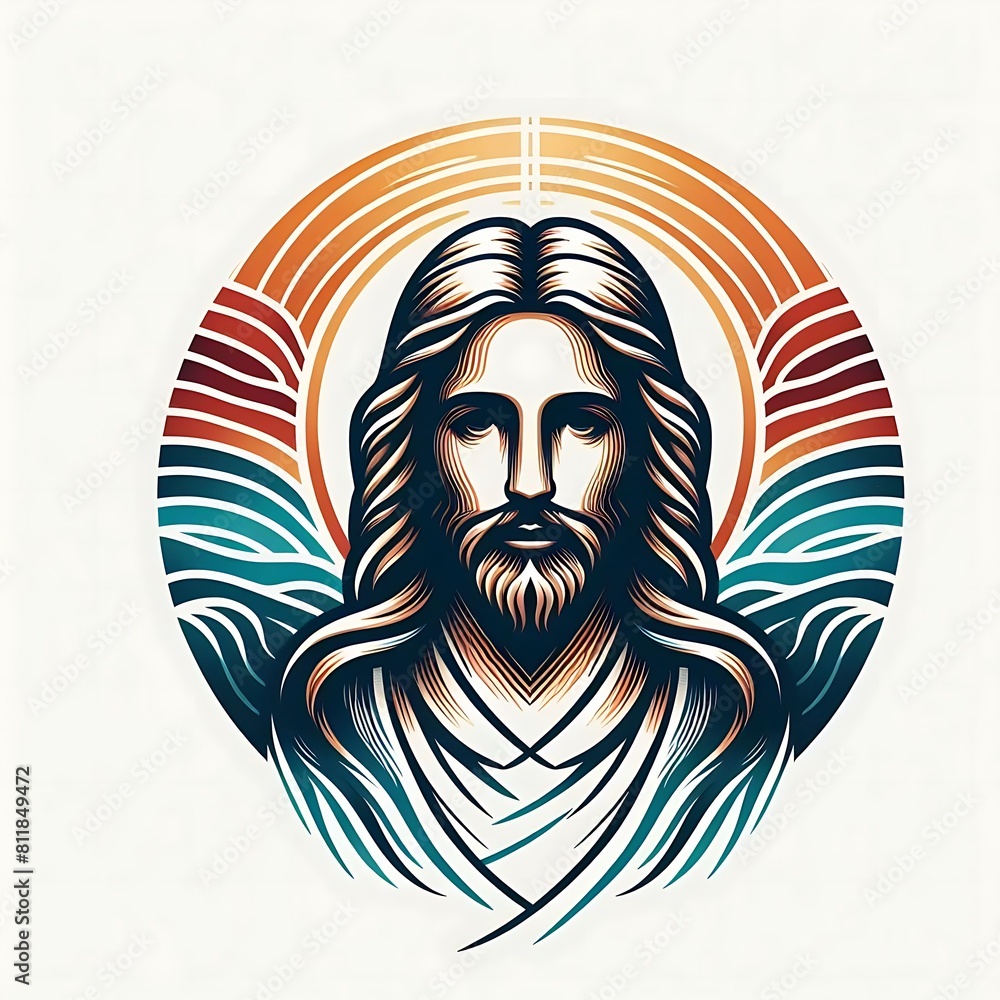 A graphic of a jesus christ with long hair image photo harmony lively card design illustrator.