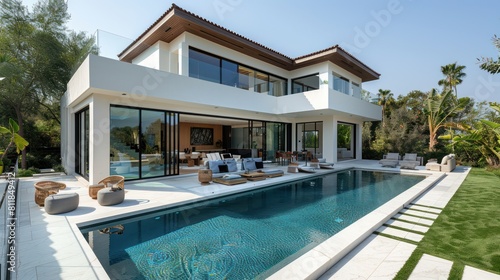 A wide-angle shot of the backyard and pool area  glass windows on all sides with outdoor furniture  white stucco walls  modern design  roof with a balcony  grassy lawn