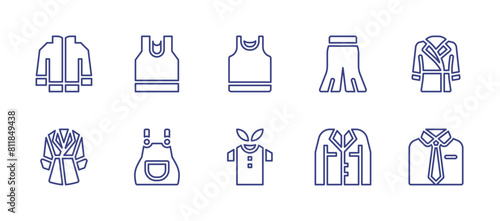 Clothing line icon set. Editable stroke. Vector illustration. Containing shirt, clothes, overall, tank top, pijama, jacket, pants, trench coat, coat. photo