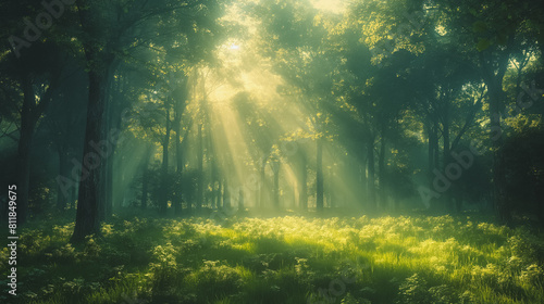 A forest with sunlight shining through the trees. The light is bright and warm  creating a peaceful and serene atmosphere. The trees are tall and green  with leaves rustling in the breeze