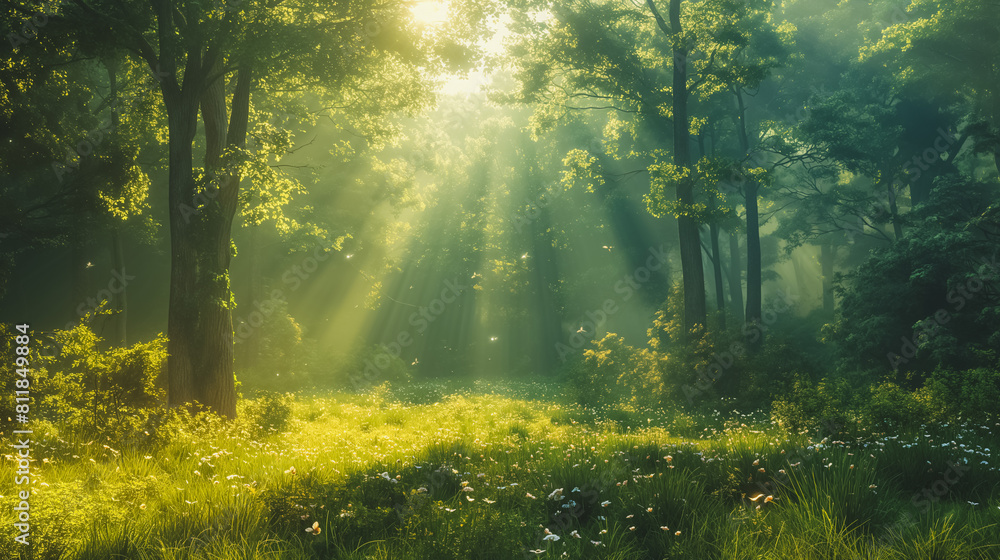 Obraz premium A bright sunny day in a forest with trees and grass. The sunlight is shining through the trees, creating a warm and inviting atmosphere