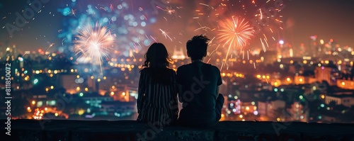 Couple watching fireworks on Valentines Day from a rooftop, light painting style