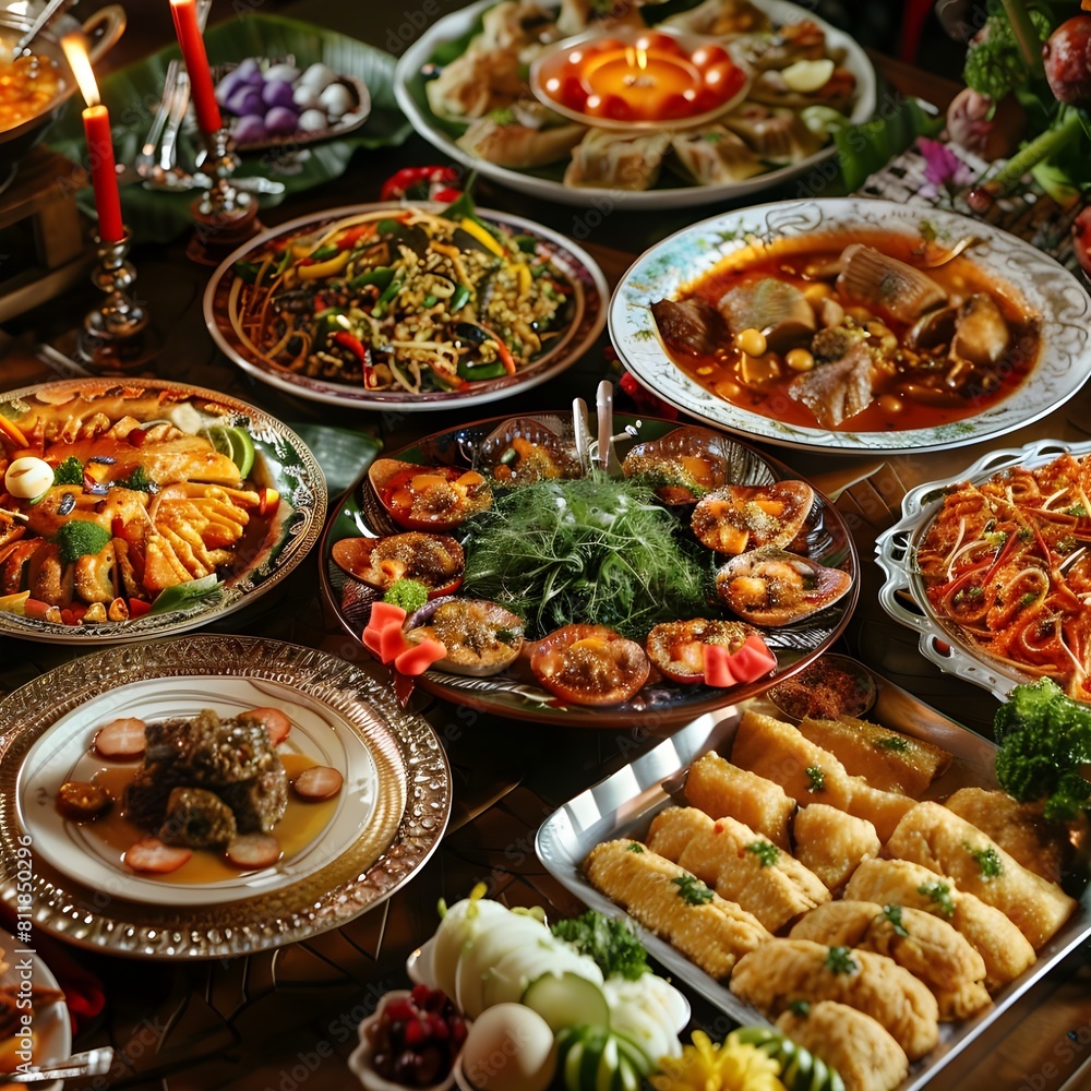 A table filled with an assortment of traditional dish A table filled with an assortment of traditional dish