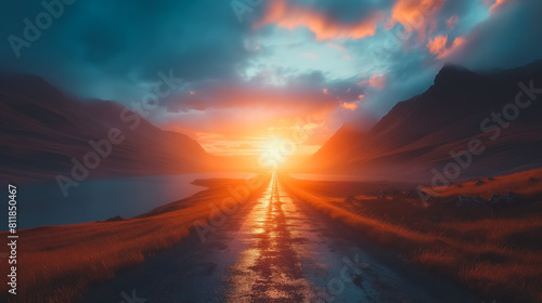 A road with a sunset in the background. The sun is setting and the sky is orange. The road is empty and there is a lake in the background