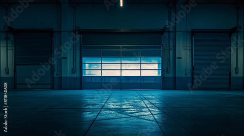 Empty industrial garage featuring large shutter doors and a glowing blue entrance, providing a mysterious and stark atmosphere with a focus on minimalist design.