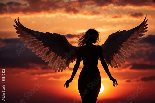 Silhouette of beautiful angel with wings against sky at dawn © Kheng Guan Toh