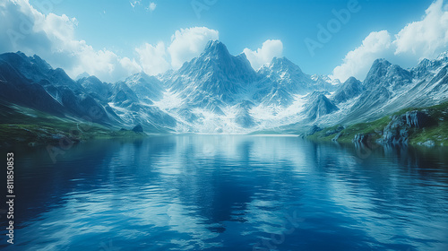 A beautiful mountain lake with a blue sky in the background. The water is calm and still  reflecting the mountains in the distance. The scene is serene and peaceful  evoking a sense of tranquility