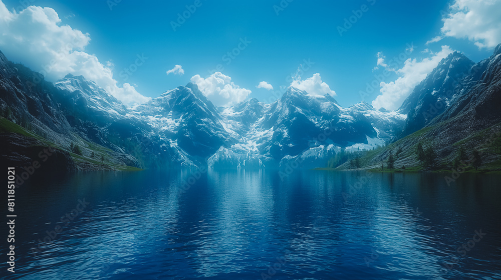A beautiful blue lake with mountains in the background. The mountains are covered in snow and the water is calm. The scene is peaceful and serene, with the mountains