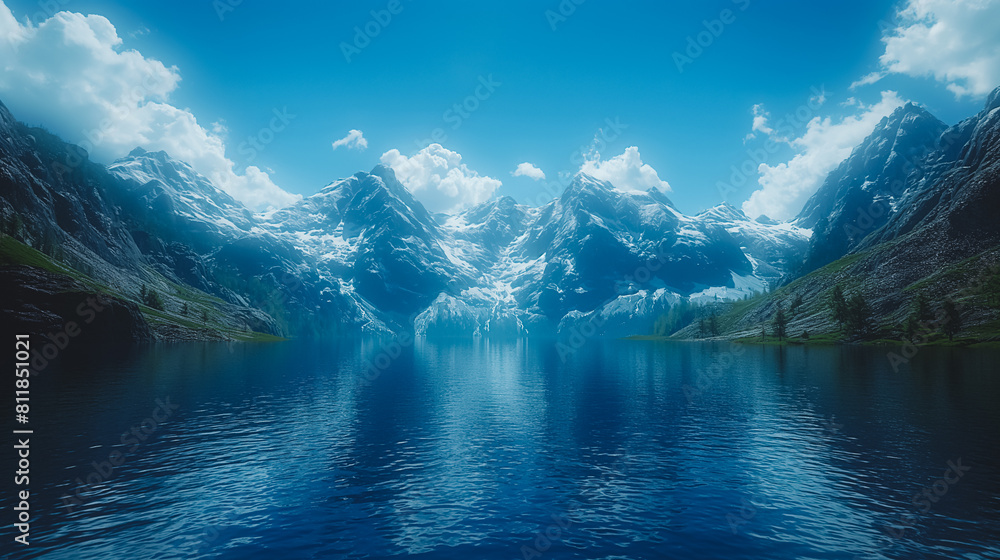 Fototapeta premium A beautiful blue lake with mountains in the background. The mountains are covered in snow and the water is calm. The scene is peaceful and serene, with the mountains