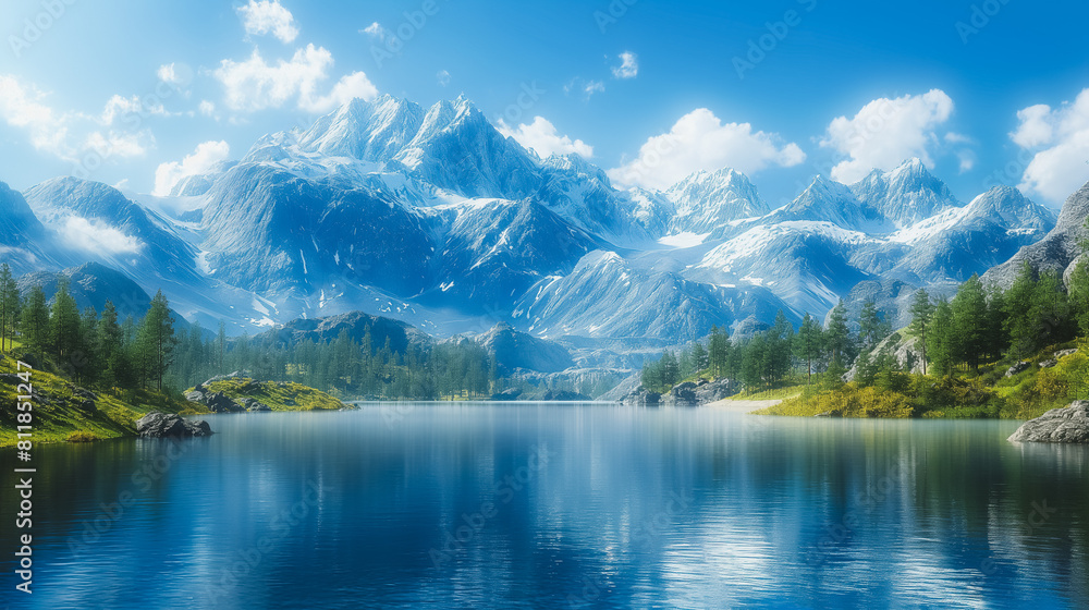 A beautiful mountain range with a lake in the foreground. The sky is clear and blue, and the mountains are covered in snow. The scene is peaceful and serene, with the water reflecting the mountains A beautiful mountain range with a lake in the foreground. The sky is clear and blue, and the mountains are covered in snow. The scene is peaceful and serene, with the water reflecting the mountains