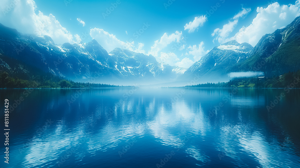 A beautiful blue lake with mountains in the background. The water is calm and still, reflecting the sky and the mountains. The scene is serene and peaceful, evoking a sense of tranquility