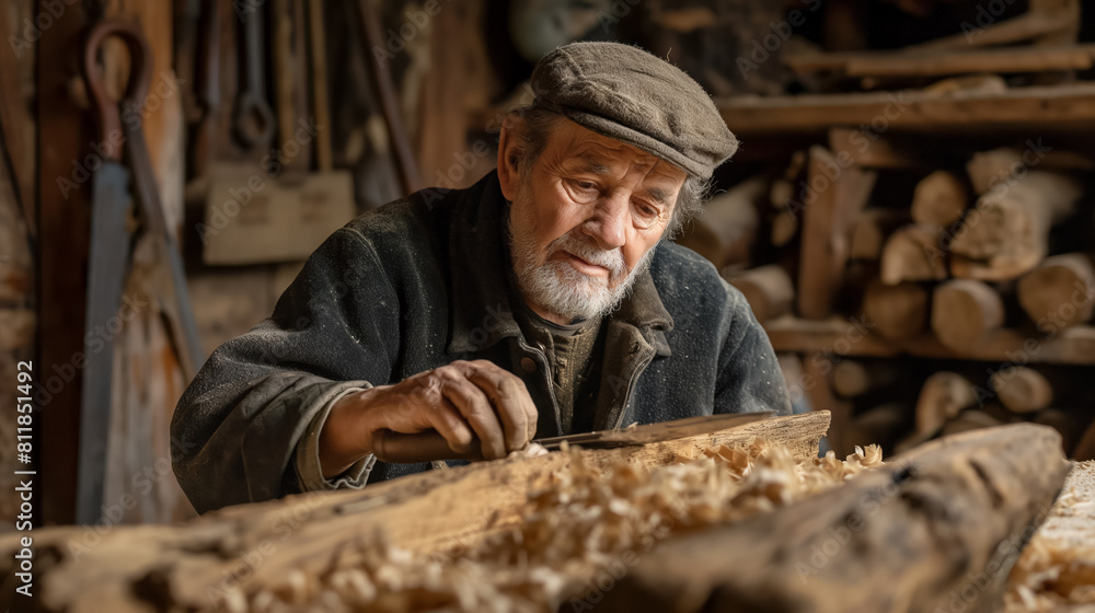 Elderly craftsman, deeply focused, carves wood in his rustic workshop filled with tools and wood shavings, reflecting a lifetime of skill and dedication to his craft. Elderly craftsman, deeply focused, carves wood in his rustic workshop filled with tools and wood shavings, reflecting a lifetime of skill and dedication to his craft.